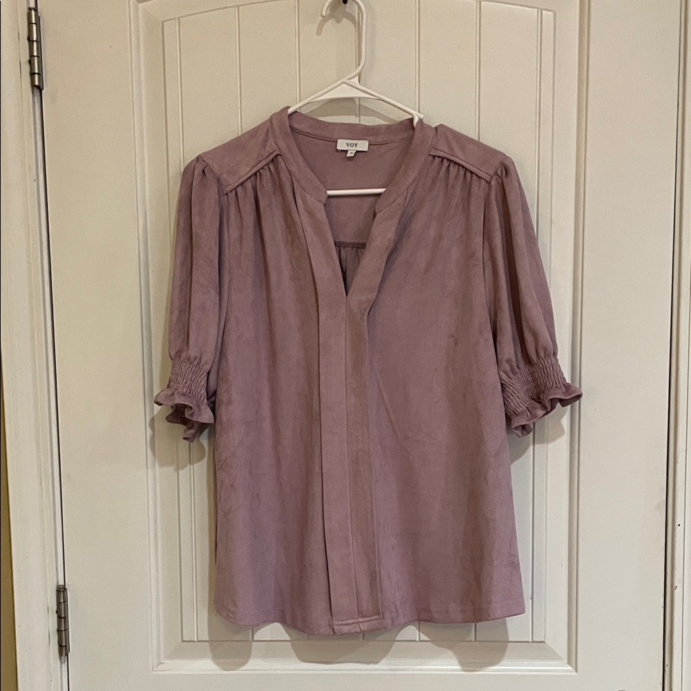 Vince Relaxed V-Neck Puff Sleeve Blouse in Dusty Mauve